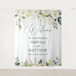 Tapete De Parede White Roses Greenery Wedding Welcome Sign Tapestry