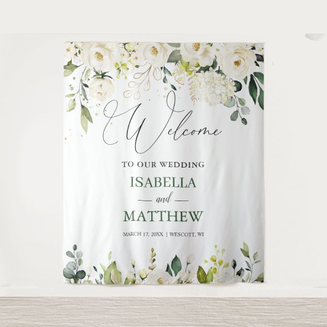 Tapete De Parede White Roses Greenery Wedding Welcome Sign Tapestry (Frente)