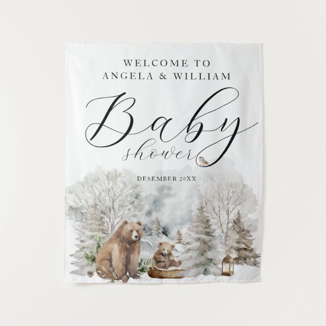 Tapete De Parede Winter Forest Woodland Rustic Baby Shower Welcome (Frente)