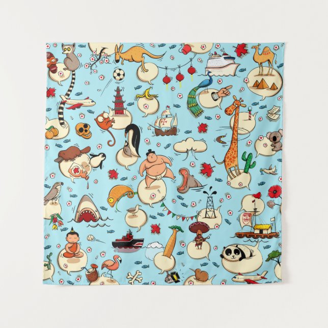 Tapete De Parede World Wonders: Padrão Azul Colorido. (Frente)