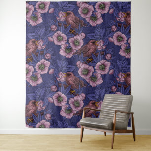 Tapete De Parede Wren e hellebore, violeta e rosa