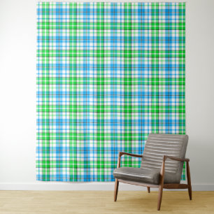 Tapete De Parede Xadrez Escocês Azul e Verde Branco