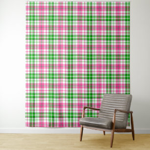 Tapete De Parede Xadrez Escocês em Branco com Listras Rosa e Verde