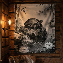 Tapete De Parede Zen Turtle Tapestry | Lotus Pond Ink Art 