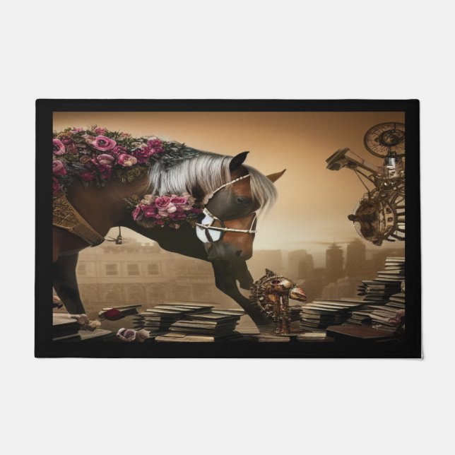 Tapete de porta de cavalo Steampunk com rosas (Frente)