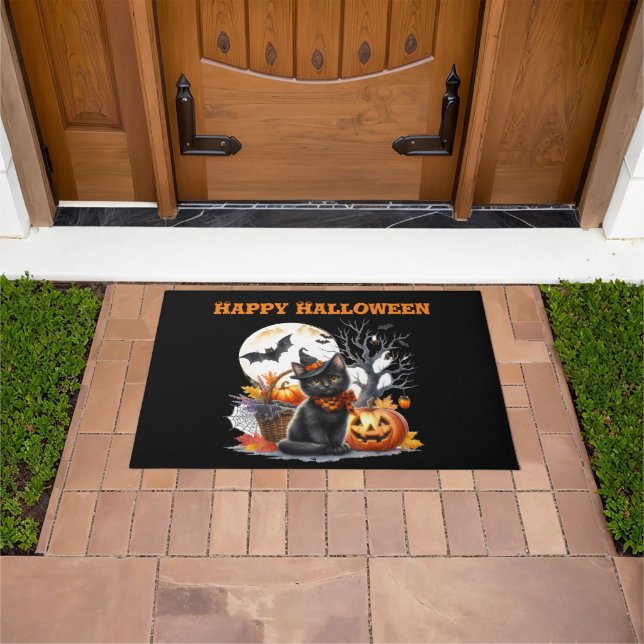 Tapete de Porta de Halloween Gato Assustador e Abó (Ar livre)