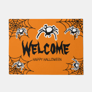 Tapete de porta de Halloween laranja com teias de