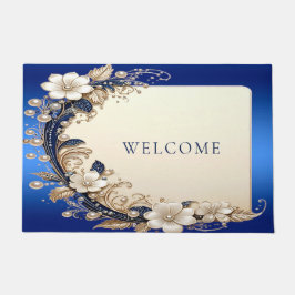 Tapete de Porta Floral Azul Branco