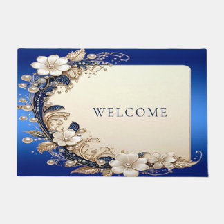 Tapete de Porta Floral Azul Branco