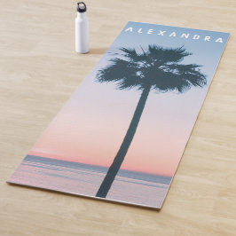 Tapete De Yoga 2 em 1 Árvore Tropical Rosa e Azul Palma Nome Suns