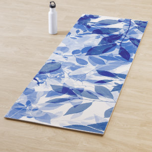 Tapete De Yoga Abstrato Azul e Folhas Brancas