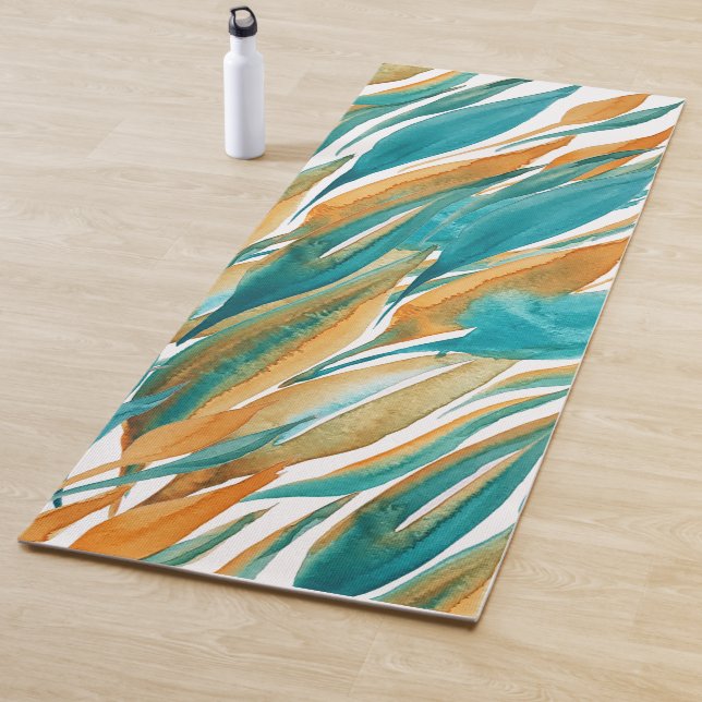 Tapete De Yoga Abstrato de Turquesa Queda Aquarela, pintada à mão (In Situ)