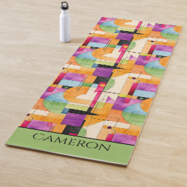 Tapete De Yoga Abstrato Geométrico em Laranja, Verde e Roxo