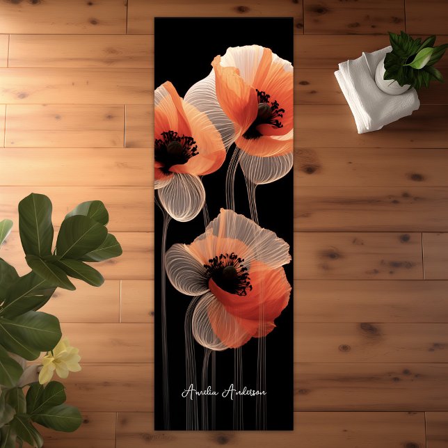 Tapete De Yoga Abstrato preto branco laranja esfrega legenda flor (Black White Orange Abstract Poppies Floral Elegant Yoga Mat)