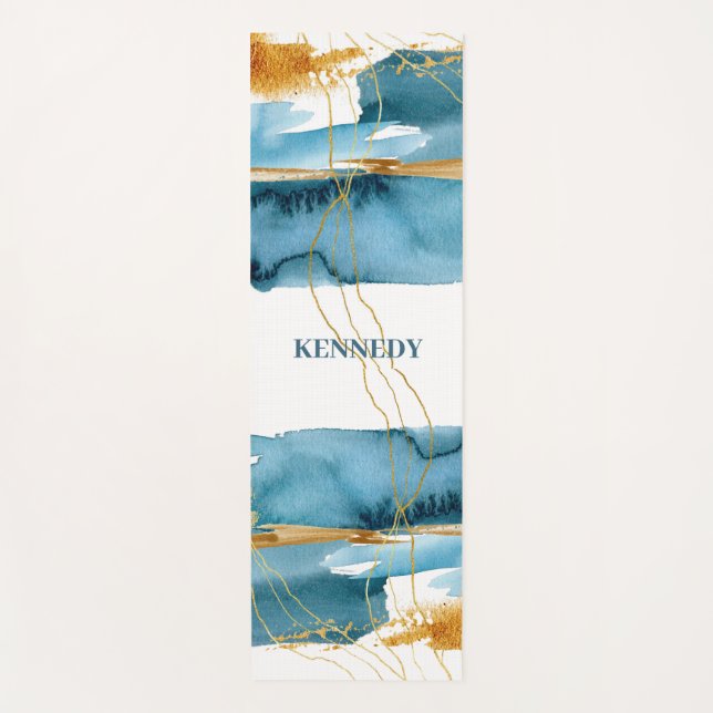 Tapete De Yoga Abstrato Tropical Blue & Dourada Art (Frente)