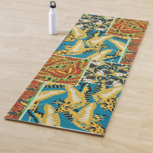 Tapete De Yoga Amarela Vibrante e Arte de Borboleta Art Déco em A