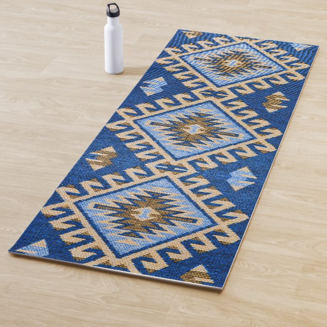 Tapete De Yoga Antigo Blue Beige Turco Kilim Rug (In Situ)
