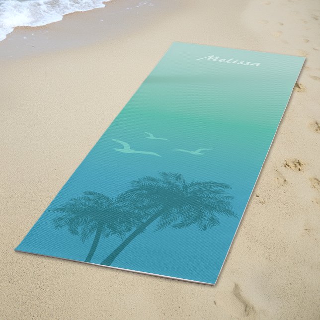 Tapete De Yoga Aqua Blue Palm Treine And Birds Tropical Summer (Criador carregado)