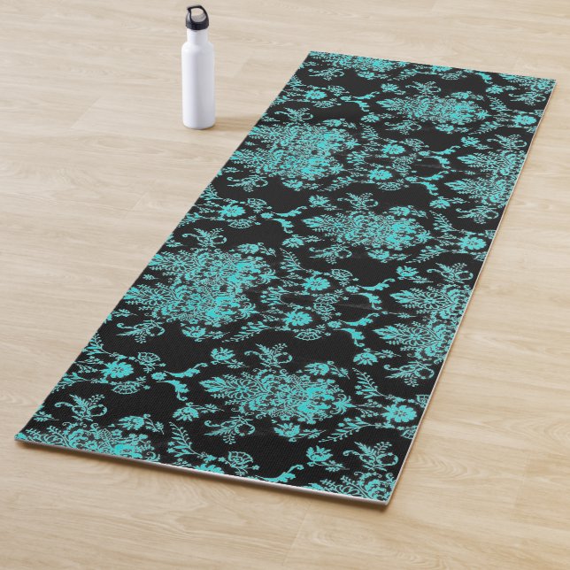 Tapete De Yoga Aqua Damask no Design Preto Chic (In Situ)