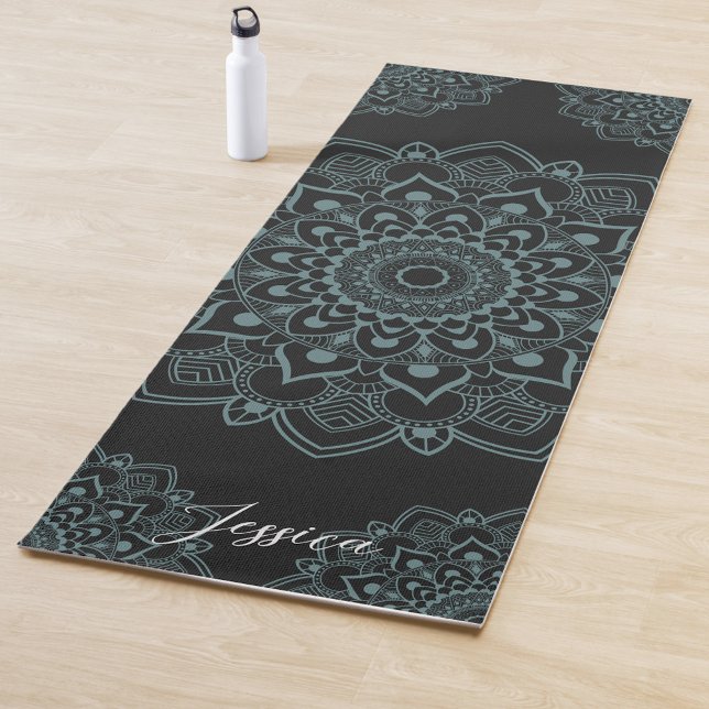 Tapete De Yoga Aqua Turquoise & Black Mandala w Calligraphy Name (Criador carregado)