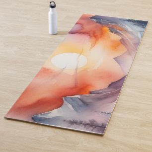 Tapete De Yoga Aquarela das montanhas cobertas de neve sob o sol