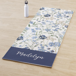 Tapete De Yoga Aquarela Flor Silvestre Azul Nome Personalizado