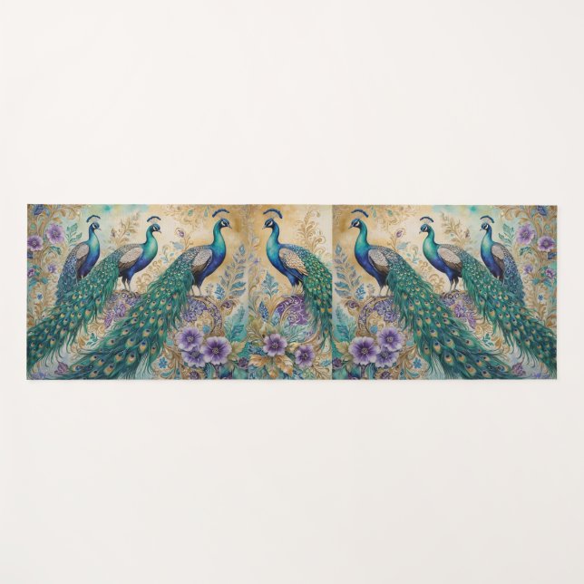 Tapete De Yoga Aquarela floral de peacock (Frente (Horizontal))
