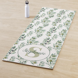 Tapete De Yoga Aquarela Nome Monograma Padrão de Ramos de Oliveir