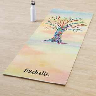 Tapete De Yoga Aquarela Personalizada da Árvore Arco-Íris