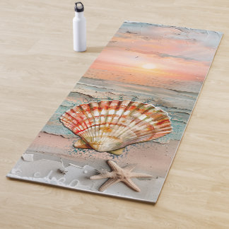 Tapete De Yoga Aquarela Tranquila de Mariscos de Pêssego e Laranj