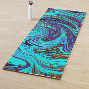 Tapete De Yoga Arte Abstrata Retro Groovy Azul Aquático e Preto