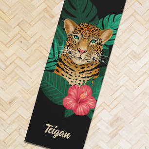 Tapete De Yoga Arte Floral bonito de Leopardo-da-Selva Preto