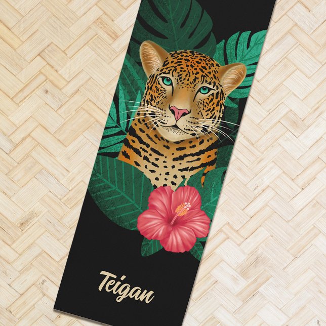 Tapete De Yoga Arte Floral bonito de Leopardo-da-Selva | Preto |  (Criador carregado)