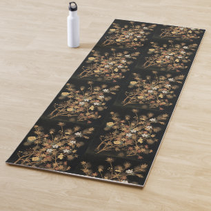Tapete De Yoga Arte Floral Outonal em Preto e Dourado Japonês Vin