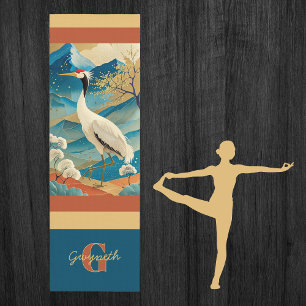 Tapete De Yoga Ave Grou com Montanhas e Árvores de Outono Japones