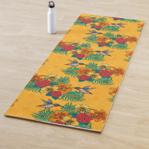 Tapete De Yoga Aves e buquês tropicais em amarelo