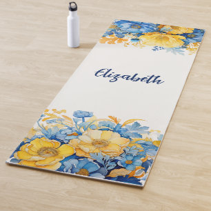 Tapete De Yoga Azul Amarelo Botânico Cor Marinha Floral