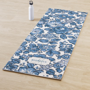 Tapete De Yoga Azul Boho Floral com Nome e Monograma