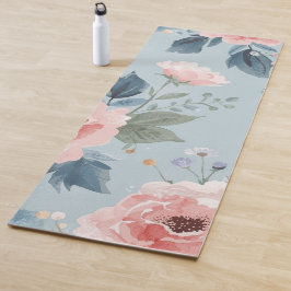 Tapete De Yoga Azul Desbotado Flores Aguarela Jardim Rosado Flore