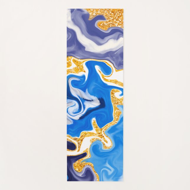 Tapete De Yoga Azul e Dourado Marble Swirls Fluid Art (Frente)