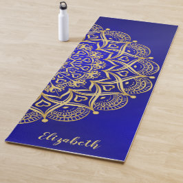 Tapete De Yoga Azul Escuro Elegante e Mandala Dourado Monograma