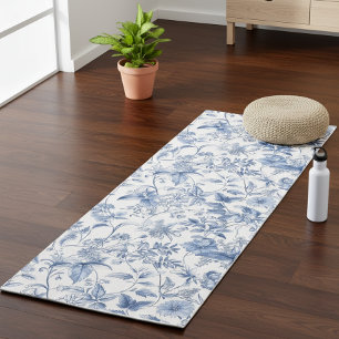 Tapete De Yoga Azul Floral Toile Vintage Elegante