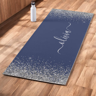 Tapete De Yoga Azul Marinho Prata Brilho Monograma Fitness Femini