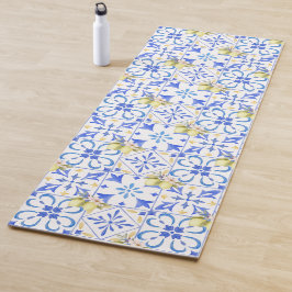 Tapete De Yoga Azulejo Azul Francês Padrão de Limão Country