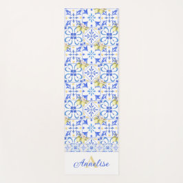 Tapete De Yoga Azulejo Azul Francês País Padrão de Limão Monogram