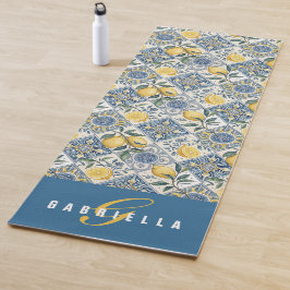 Tapete De Yoga Azulejo Azul Limão Aquarela Nome Personalizado