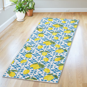 Tapete De Yoga Azulejo Francês Azul Padrão de Limões