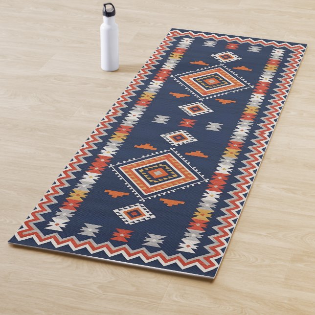 Tapete De Yoga Azure Navy and Terracotta Geometric Tribal (In Situ)