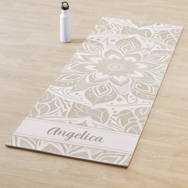 Tapete De Yoga Beige Mandala Yoga Mat Personalizável Nome (In Situ)