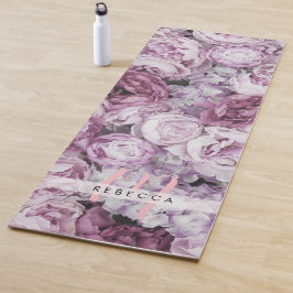 Tapete De Yoga Belas Rosas Cor de Peônia Floral Monograma